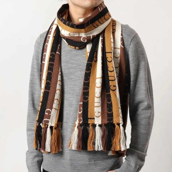 GUCCI SCARF 634166 LOGO STRIPED WOOL COTTON w FRINGE UNISEX 14.5" x 71" - Picture 4 of 16